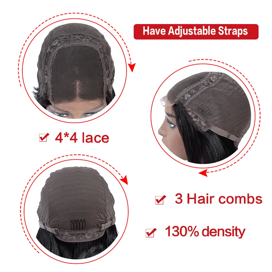 PHEBI 4*4 Lace Closure Human Hair Wigs Brazilian Straight Non-Remy Wig For Black Women Natural Color 130% Density | Шиньоны и парики