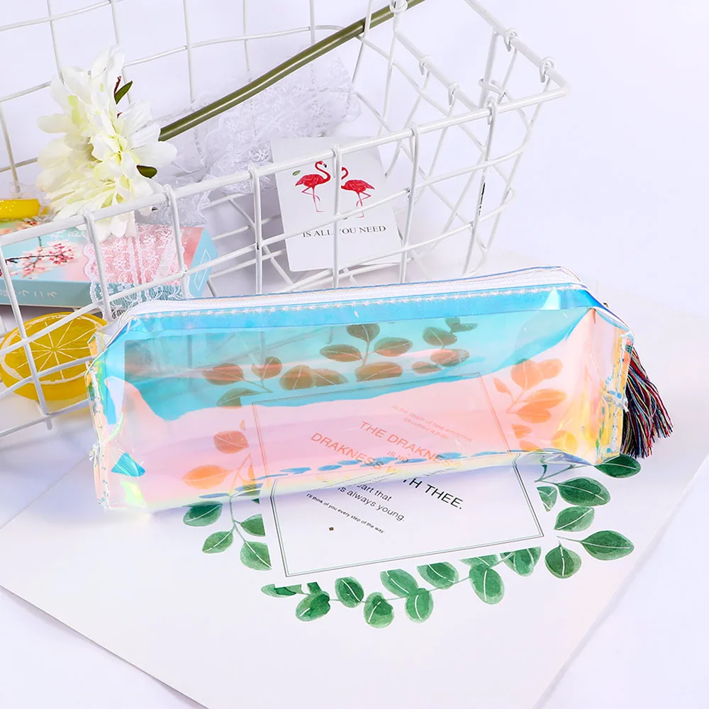 Kawaii Женская красочная лазерная прозрачная сумка карандаш косметичка для макияжа