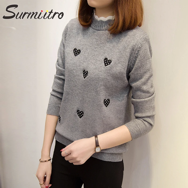Surmiitro Heart Embroidery Winter Sweater Women For 2019 Autumn Korean Elegant Knitted Jumper Ladies Pullover Female Pull Femme | Женская