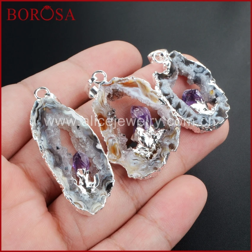 BOROSA натуральный серебристый цвет Freeform оникс Друза Drusy Кристалл кулон инкрустация
