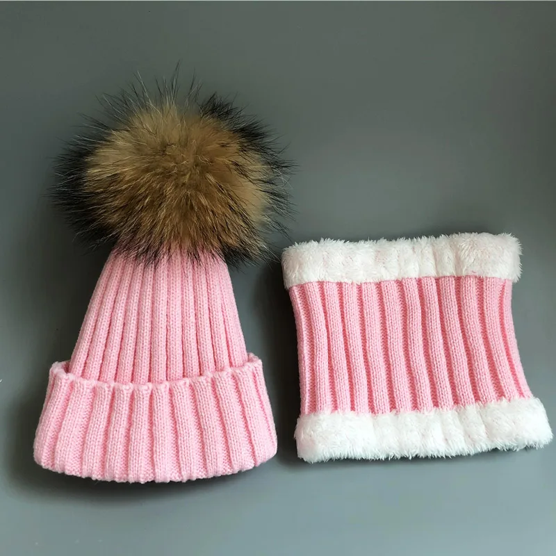 pink Kids Boys Girls hats Warm Fleece Liner Beanie Hats set With Scarf Fur Winter Hat For Children Baby Skullies Beanies - Цвет: pink