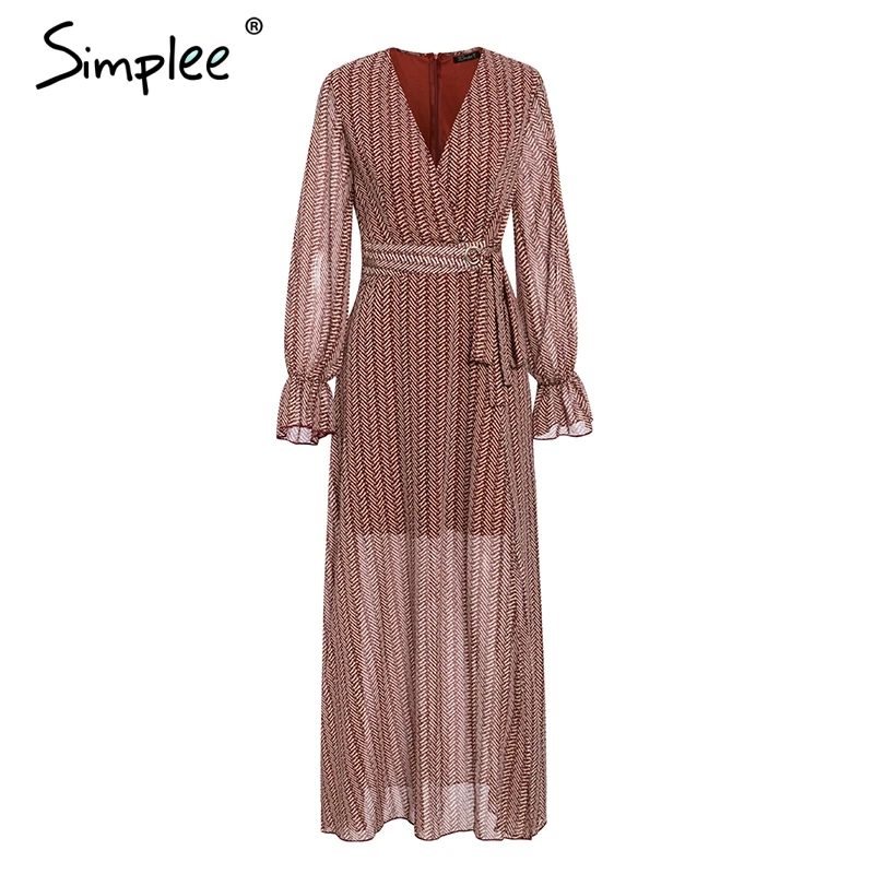 Simplee Bohemian print long women dress V neck plus size geometric female dresses Autumn sashes ladies luxury ukraine vestidos | Женская