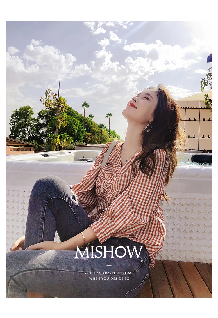 Женские рубашки Mishow Весна-Осень Новые свободные женские с V-образным вырезом в шотландскую клетку Повседневные пуховики с рукавами MX18C4595