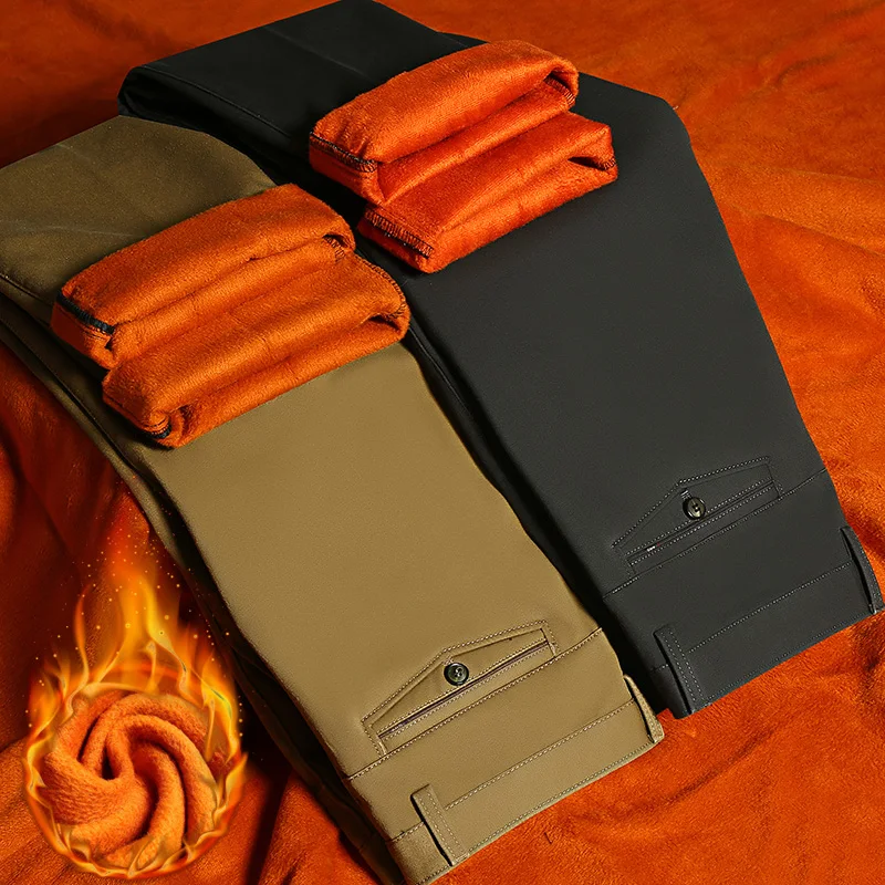 Business Suit Pants Winter Men Fleece Classic Warm Thick Hot Autumn Straight Stretch Male Trousers Cotton Solid Casual Zipper | Мужская