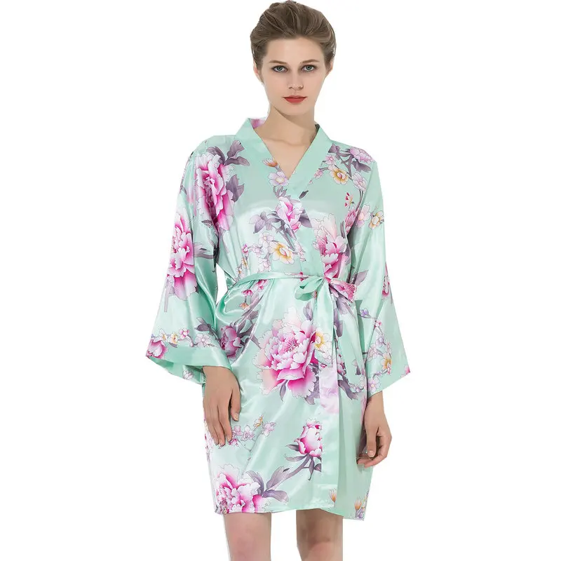 mint YUXINBRIDAL халаты с цветочным принтом цветочный атласный Шелковый Свадебный невесты кимоно для невесты Халаты вечерние халат атласный - Цвет: mint