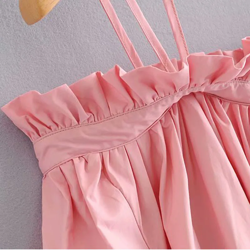 

Small fragrance style collar shirt female Korean version of the lotus leaf shoulder loose strap pink shirt summer white