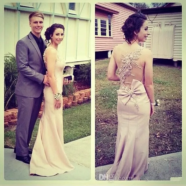 

See Through Mermaid Bridesmaid dresses with bow knot beading floor length sexy prom dresses custom made elegant WL29