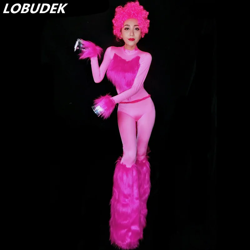 Pink Женский костюм для ролевых игр в цирке, розовый, синий, с перьями, трико, Комбинезоны для ночного клуба, DJ, певица, сексуальная сценическая цельная одежда для выступлений - Цвет: Pink