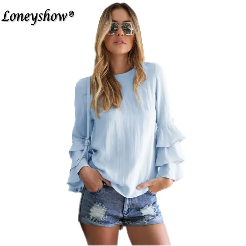 2017 Мода Оборками Блузки Женщины Весна Осень Новый Повседневная Синий Офис Леди