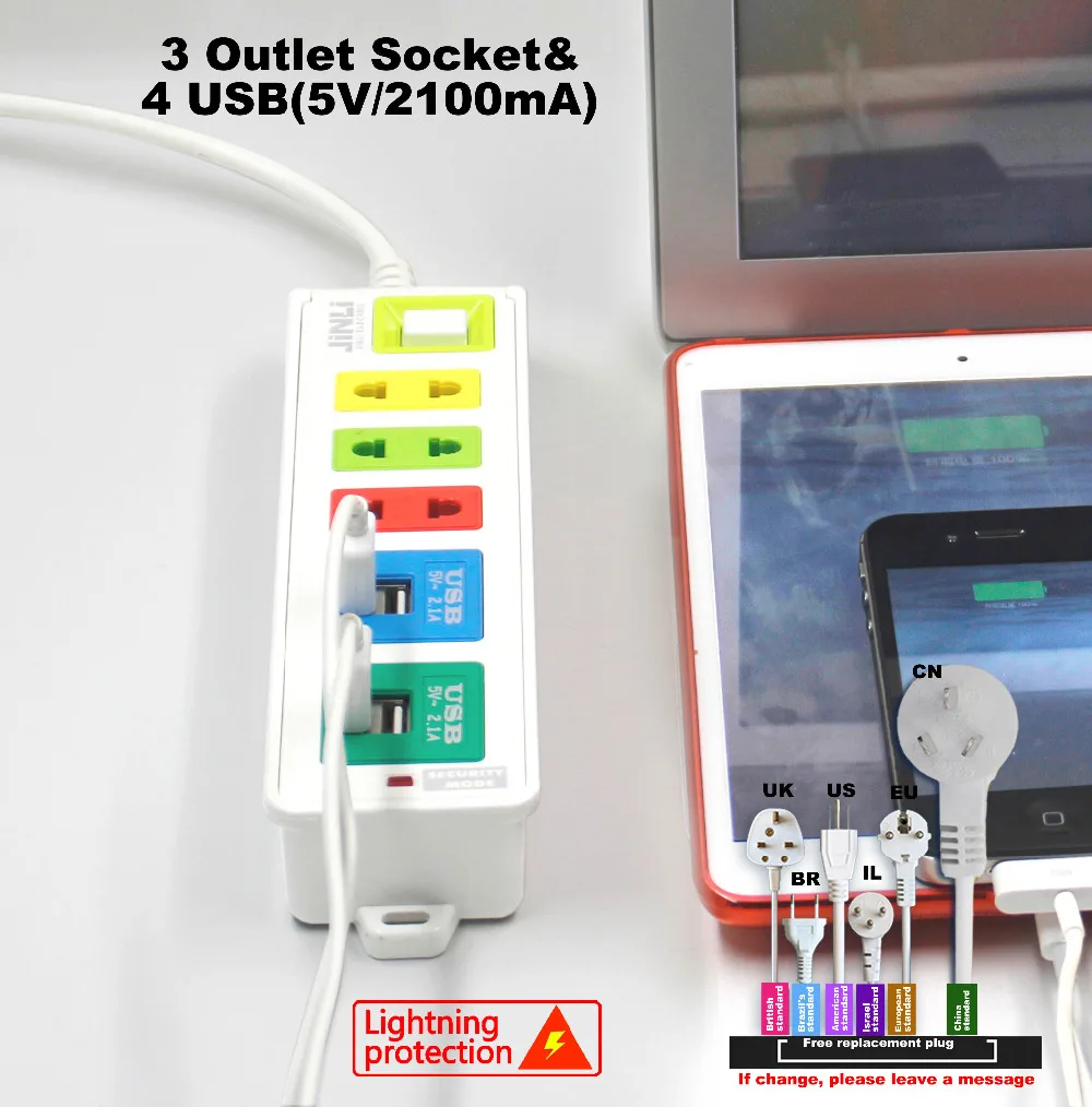 

Розетка-удлинитель с 4 USB-портами и системой защиты от вспышки