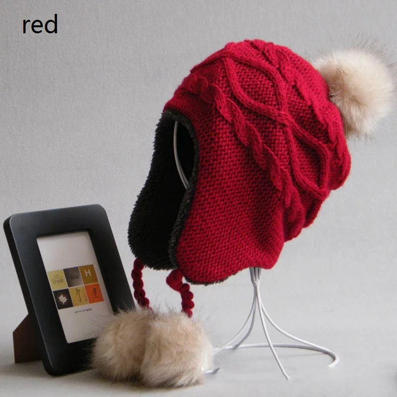 redS Родитель-ребенок женщины дети pom pom шары мода вязание шерсть шляпа наушники зима теплая открытый шапки женские зимние шапочки шапка женская шапки женские зимние шапка 9zAA719 - Цвет: redS