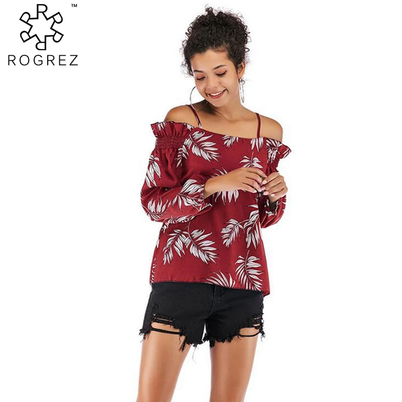 ROGREZ Red Yellow Green Casual Floral Chiffon Shirt Tops Slash Neck Strap Blouse Spring Summer Women Long Sleeve Shirts 2019 |