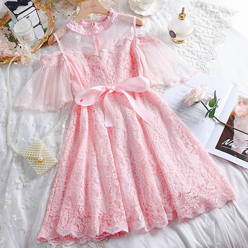 Adomoe Junior/летние милые розовые платья Kawaii милое кружевное платье мягкое с бантом из