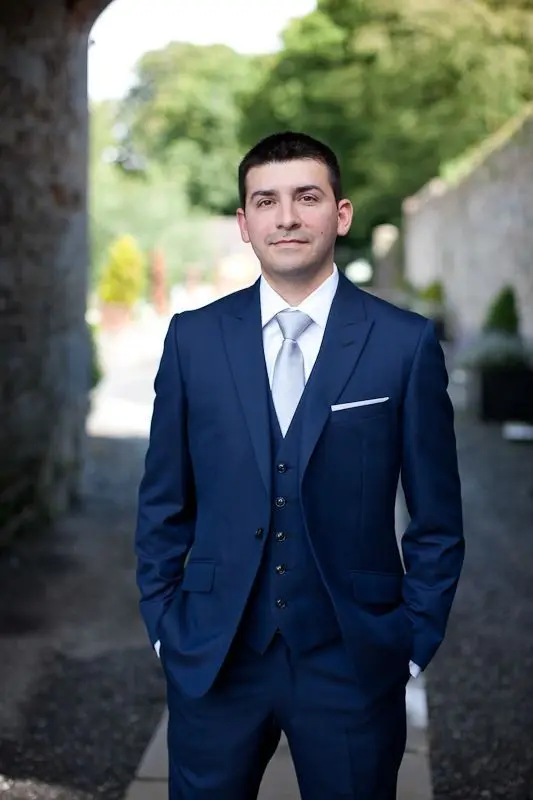 

Navy Blue Mens Wedding Suits With Peak Lapel bespoke Formal Or Casual party Suit C358