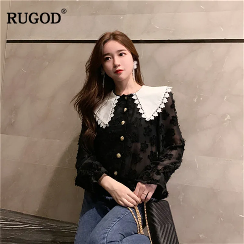 Женские кружевные блузки RUGOD корейские с расклешенным рукавом и отложным