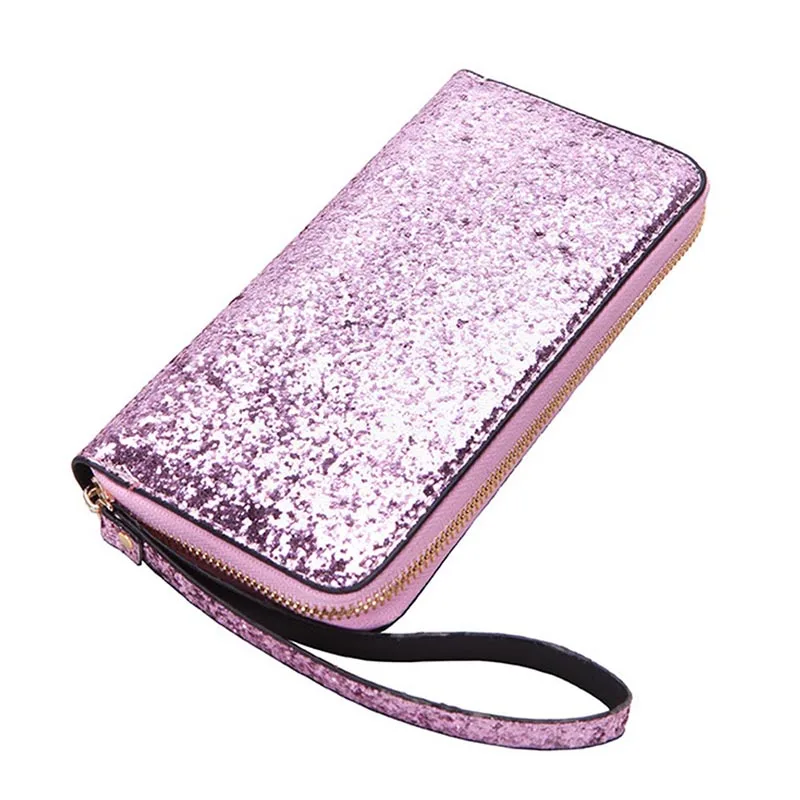 Hot Selling Women Long Wallet Sparkly Sequins PU Leather Bag Hand-held Phone Card Holder-B5