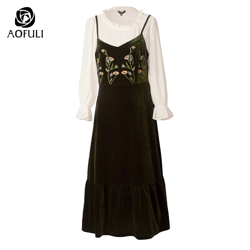 AOFULI XL-4XL Сицилия стиль Цветочный Вышивка платье костюм 2 шт. камзол длиной до икры