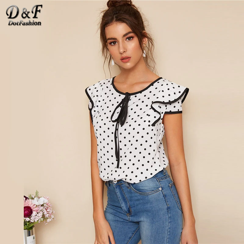 Dotfashion, белая блузка в горошек с узлом, окантовка, женская блузка, лето, Опрятный дизайн, рукав-крылышко, одежда для девушек, молодых, корейский стиль, модные топы