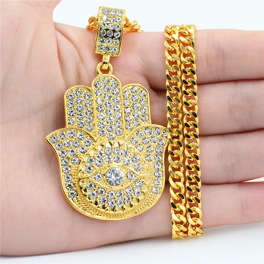 Позолоченное ожерелье в стиле хип-хоп со стразами и инкрустированной Фатимой для
