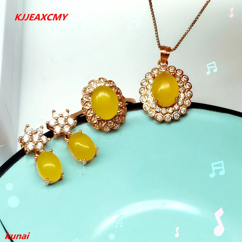 

KJJEAXCMY boutique jewels 925 silver inlaid with natural Yellow Chalcedony female pendant ring earrings three sets of necklaces