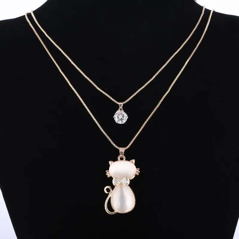 Женское длинное колье с кристаллами ожерелье подвеской в виде милого кота