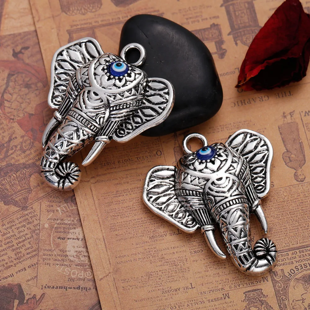 DoreenBeads цинковый сплав на основе античное серебро Boho Chic Подвески головой слона с клипсами Дурной глаз эмаль DIY 55 мм x 47 мм(1 7/"), комплект из 2 предметов