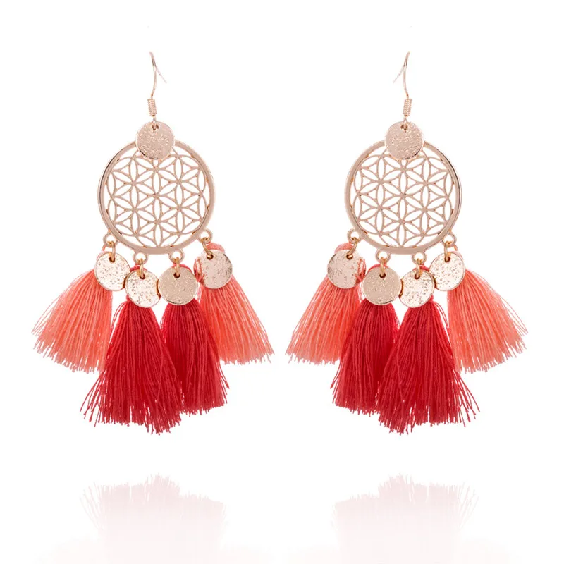 E020311 Gold color round sequins boho ethnic tassel drop earrings Women ladies fashion earring bohemia statement vintage wedding - Окраска металла: E020311