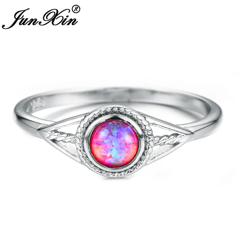 Purple Opal Ring JUNXIN, 925 пробы, серебряное, фиолетовое/синее/белое, огненный опал, кольца для женщин, круглый камень, радуга, сглаза, обручальное кольцо - Цвет основного камня: Purple Opal Ring