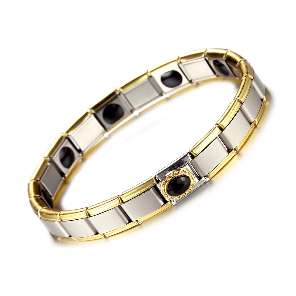 Gold-black Дизайн эластичный квадратный звено цепи германий энергии здоровья Стразы кристаллический Магнитный браслет для мужчин женщин подарок ювелирные изделия - Окраска металла: Gold-black
