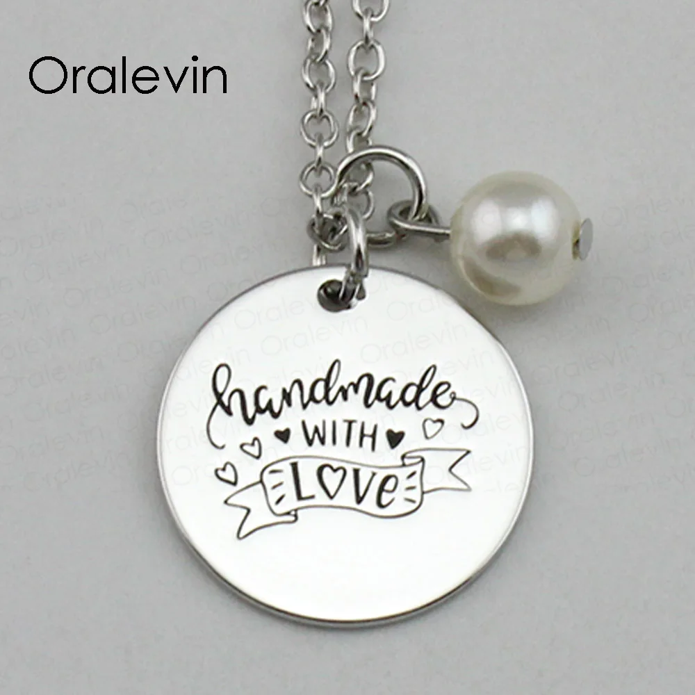 

HANDMADE WITH LOVE Inspirational Hand Stamped Engraved Custom Pendant Female Link Chain Necklace Gift Jewelry,10Pcs/Lot, #LN2166