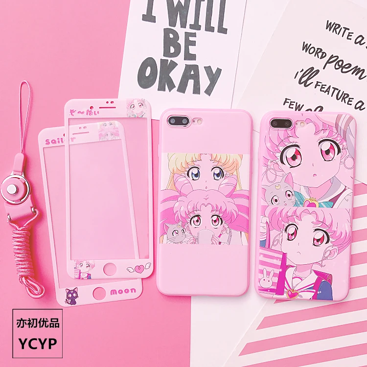 Чехол Sailor Moon для iPhone X + защитная пленка из закаленного стекла, розовый девичий чехол Sakura для 6 6S плюс 7 7 плюс 8 8 плюс.