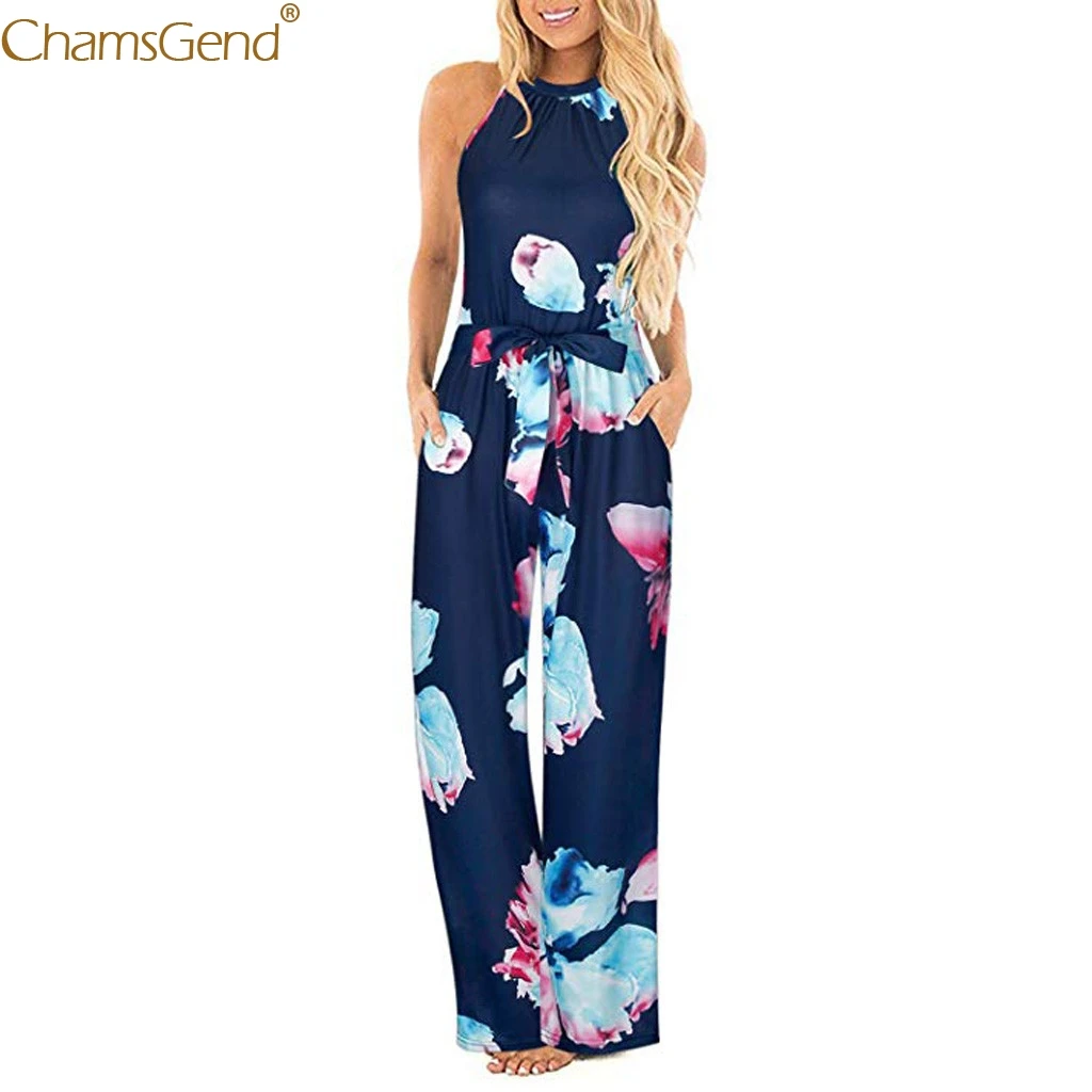 Rompers Womens Jumpsuit Plus Size Rompers Womens Jumpsuit Long Trousers Pants Women Halter Neck Loose Belted Pocket Jul