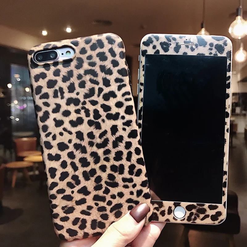 For iPhone XS Leopard case + Tempered Glass Screen protector film &amp Soft Cover for 8plus 7 8 7P XR X Max 6 6S 6SPlus |