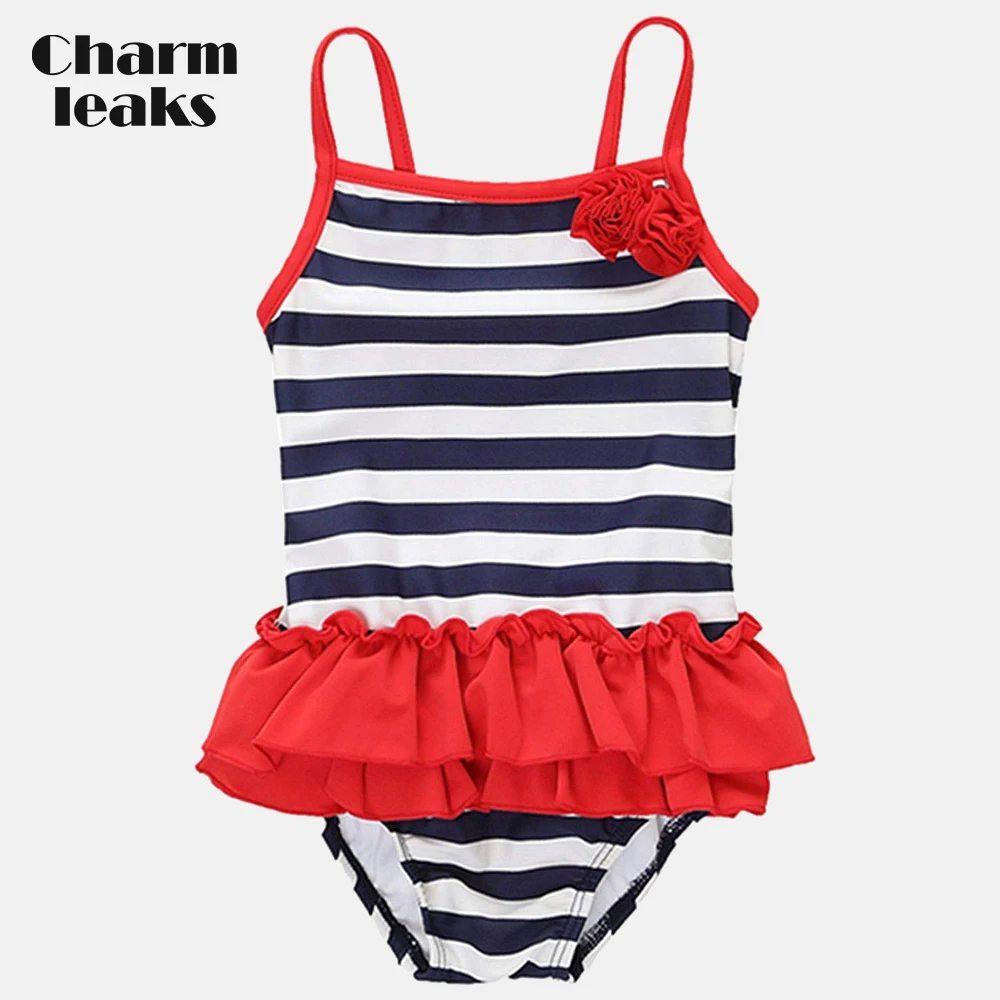 

Charmleaks Baby Girls' One Piece Swimsuits Stripe Printed Swimwear Kids lacework Bikini Cute Beach Wear