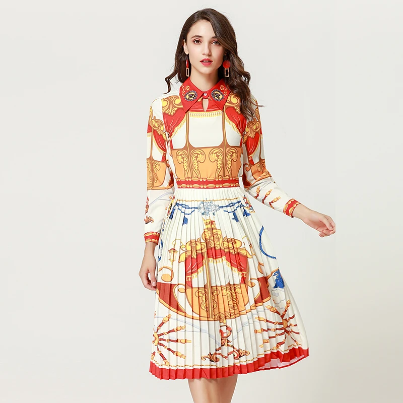 

XF 2019 Spring And Summer Designer Bohemian Print Long Sleeve Casual Women Set Shirt Short Skirt Fashion Milan Loose Set