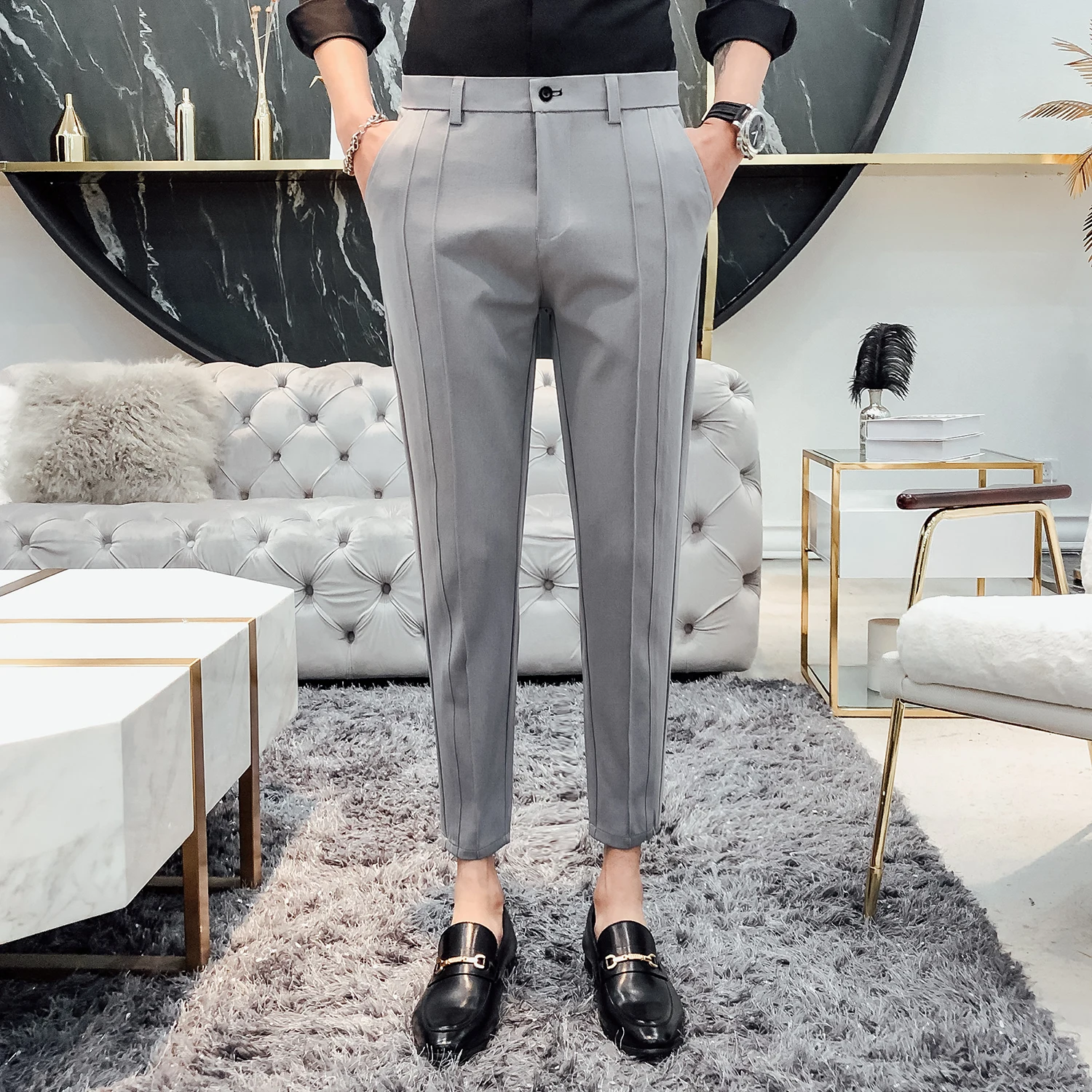 light gray Модный деловой стрейч костюм брюки мужские роскошные Брендовые повседневные брюки мужские прямые облегающие Формальные Брюки мужские размера плюс 36 черные - Цвет: light gray