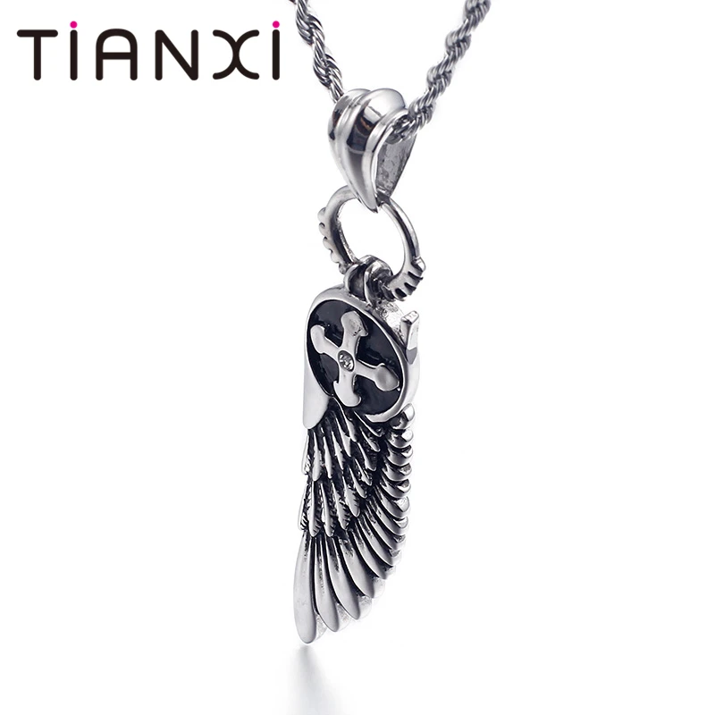 TIANXI Vintage Feather Necklace For Men Stainless Steel Cross Pendant Male Free Shipping Jewelry Boy Friend | Украшения и