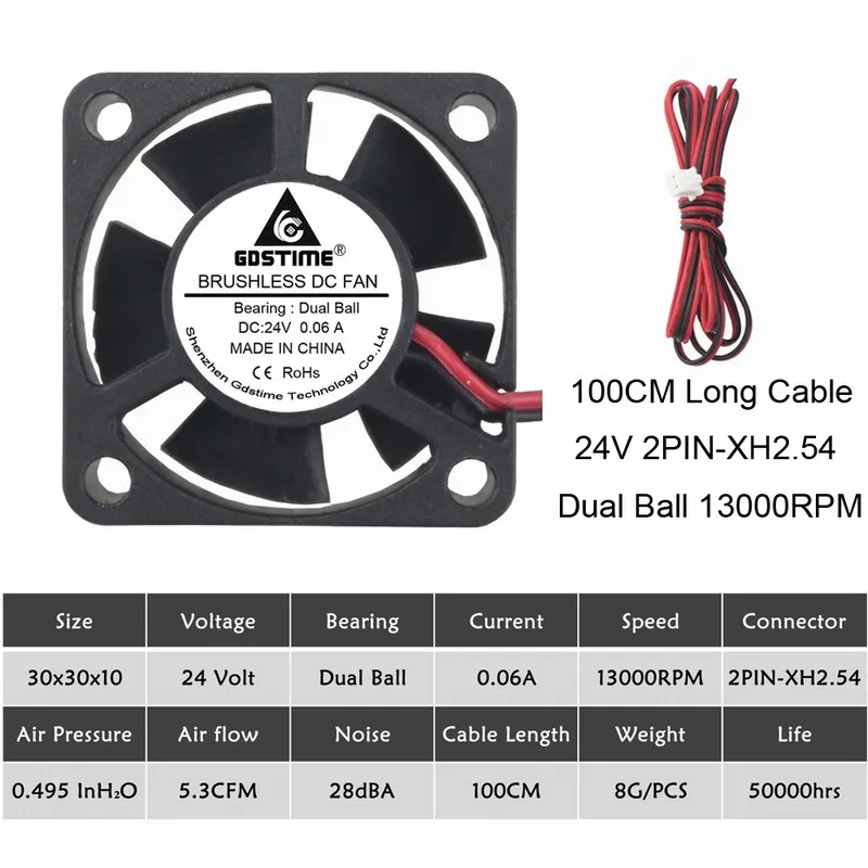 24V Ball 100CM-Wire 5 шт. Gdstime 3010 5 в 12 В 24 В 2Pin 3 см 30 мм 30x30x10 мм микро DC мини Бесщеточный кулер вентилятор охлаждения - Цвет лезвия: 24V Ball 100CM-Wire