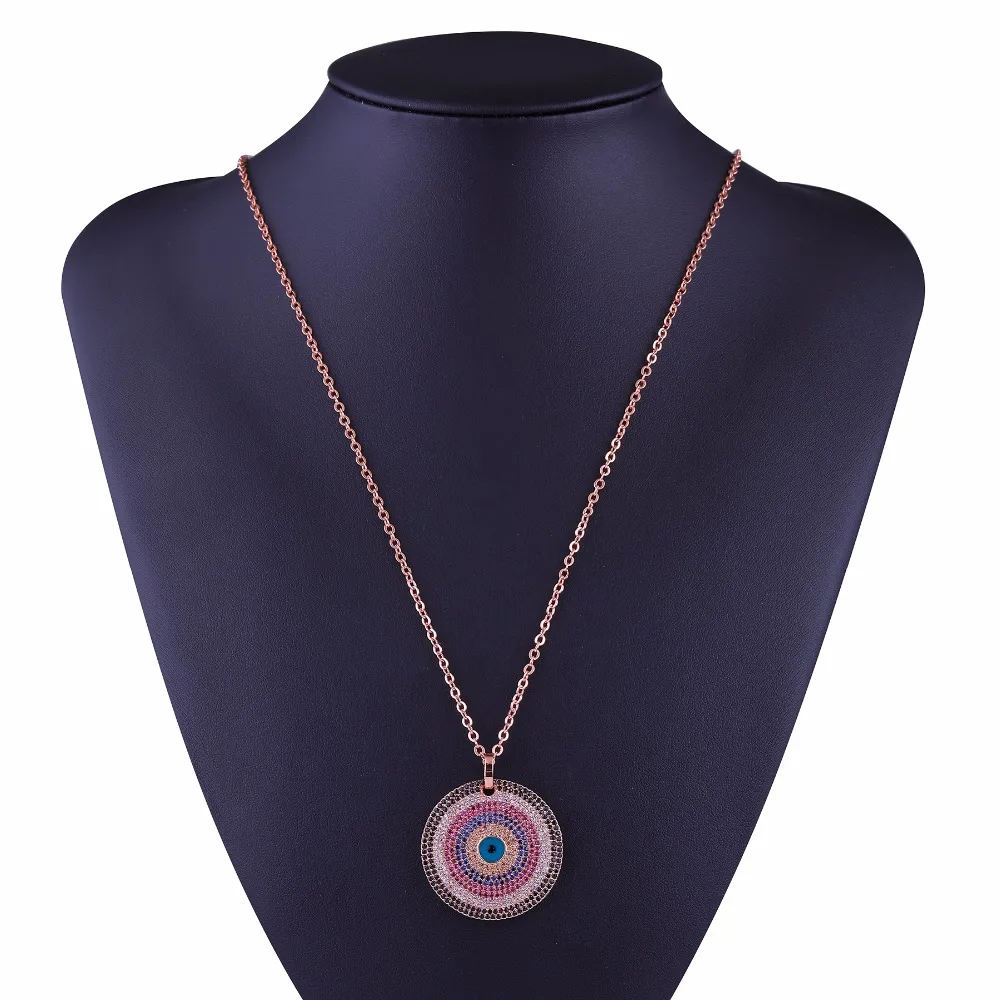 

JUWANG Greek Eye Pendant Chocker Necklaces For Women Man Colorful Cubic Zircons 32mm Round Wedding Party Jewelry Gift Wholesale