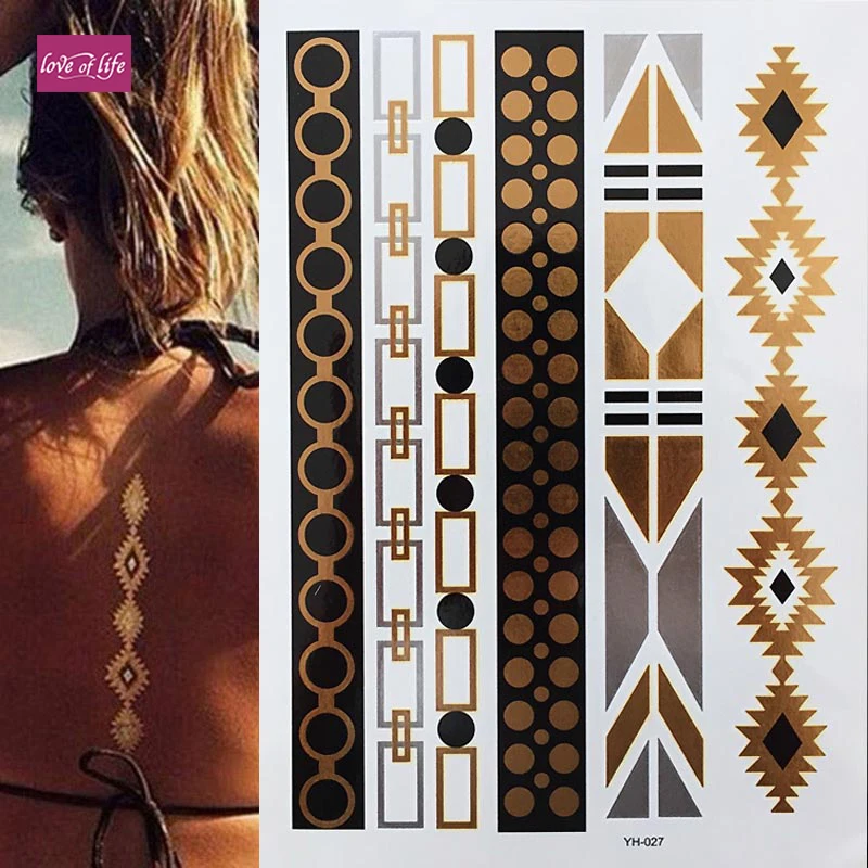 Модные женские Временные татуировки золотые боди арт стикеры с металлическими