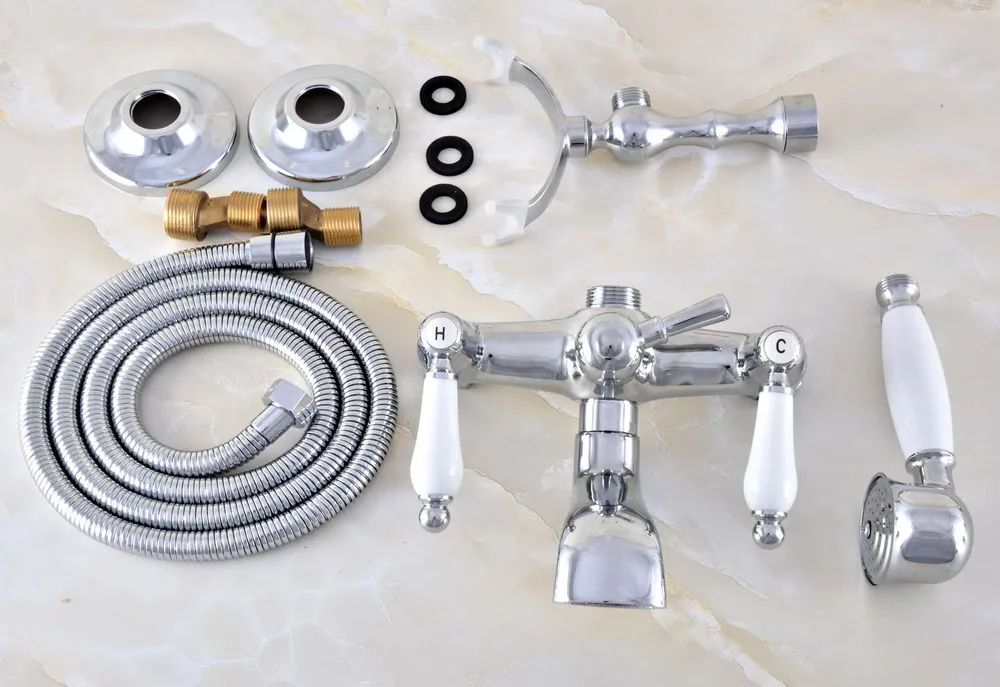 Polished Chrome Brass Double Ceramic Handles Wall Mounted Bathroom Clawfoot Bathtub Tub Faucet Mixer Tap w/Hand Shower atf875 |