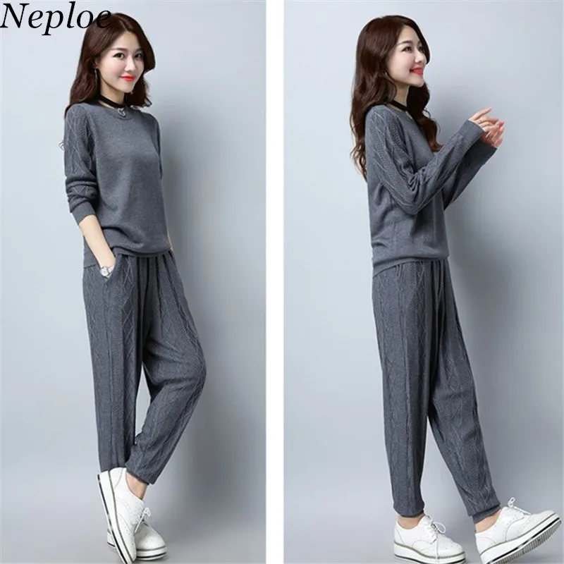 Neploe трикотажные Для женщин Однотонный свитер и длинные штаны с круглым вырезом