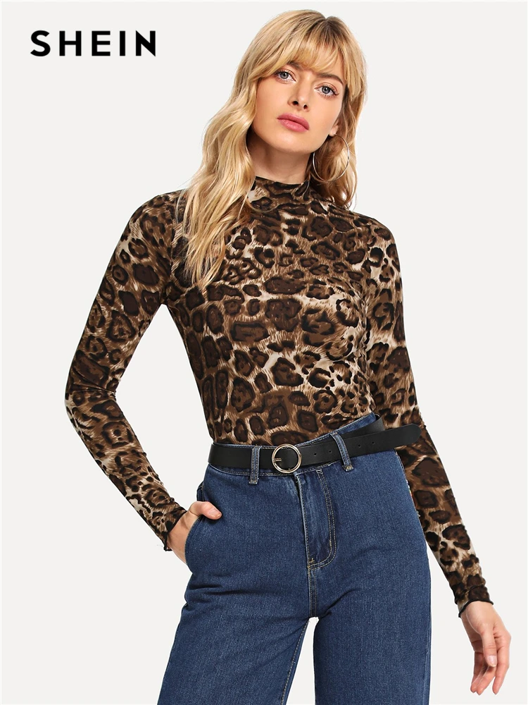 SHEIN Элегантный Топ С Леопардовым Принтом И Длинными Рукавами, Демисезонный Топ С Воротником-Стойкой