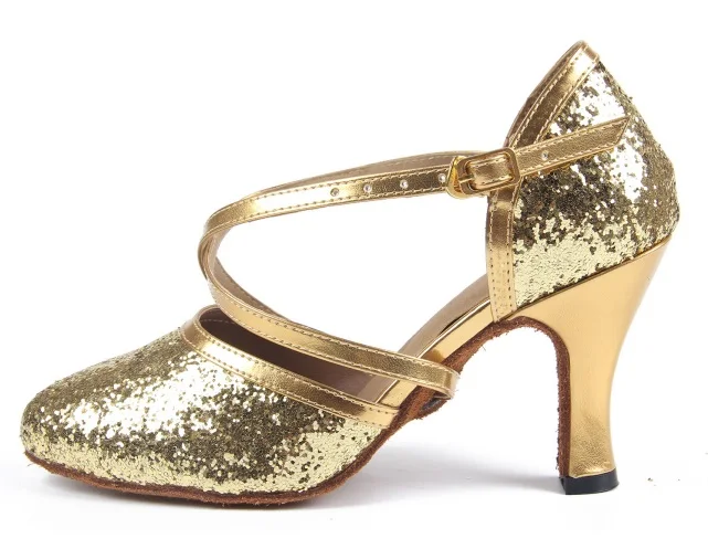 Gold 8cm Женские туфли для Бальных и латиноамериканских танцев, золотые, серебряные, расшитые блестками сальса, современные танцевальные туфли на каблуке 6/7/8 см, туфли для танцев, замшевая подошва 1787 - Цвет: Gold 8cm