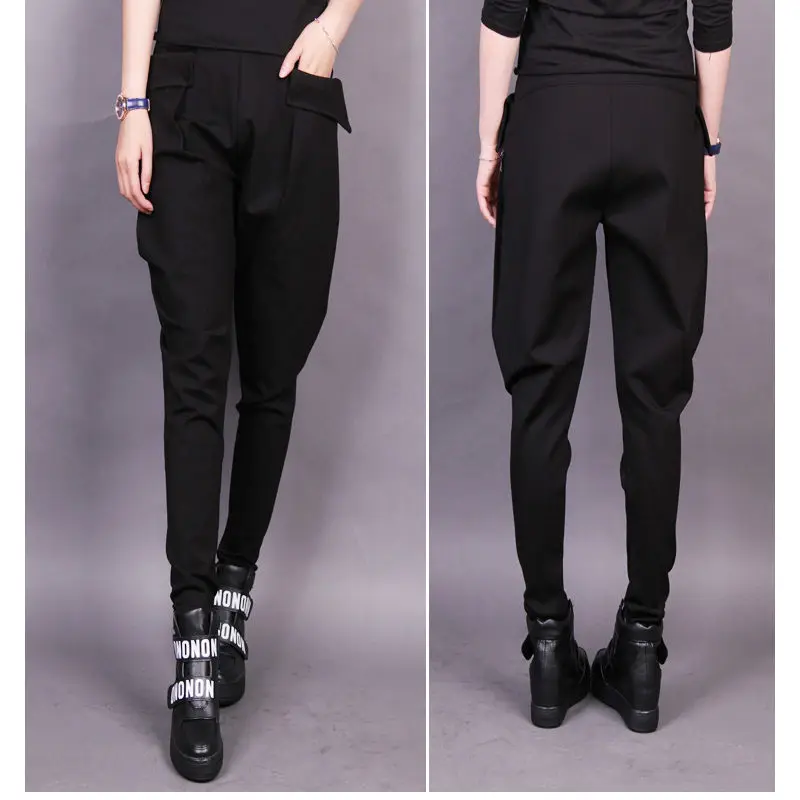 

2019 Spring Women Street Fashion Black Harem Pants Ladies Solid Elastic Waist Pockets Loose Long Cross-pants Plus Size 3XL f170