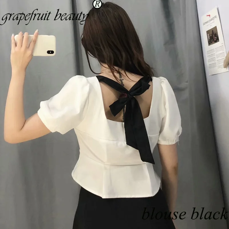 New French Women Elegant Square-collar Delicate office lady white ruffles Blouses Breasted Irregular Short Shirts Blous |