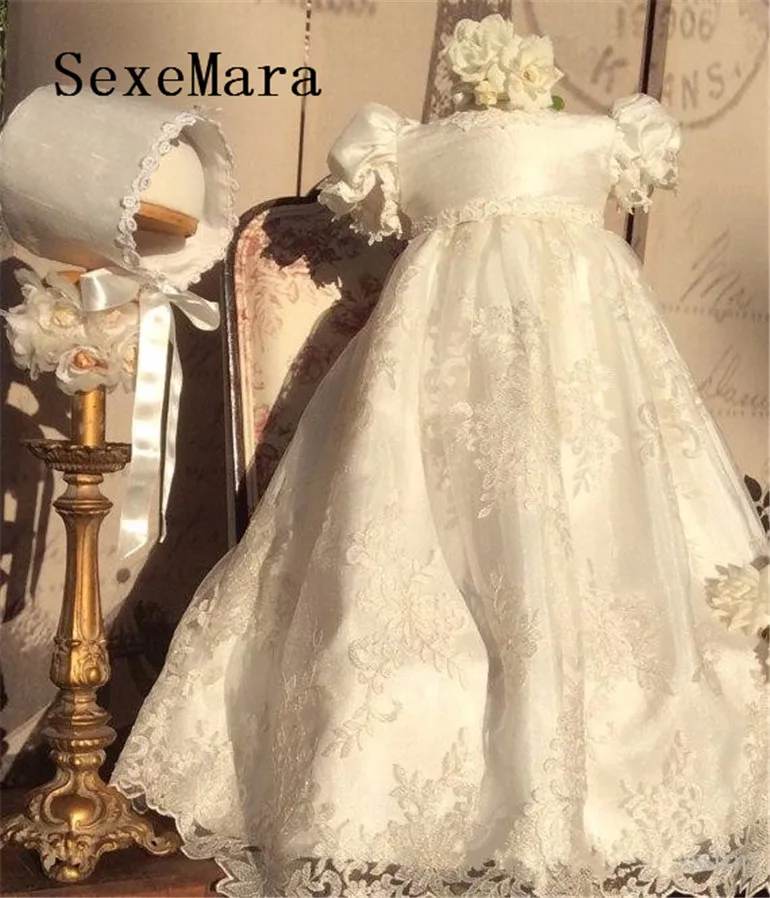 Платье на крестины для маленьких девочек крещения Кружевное атласное платье с