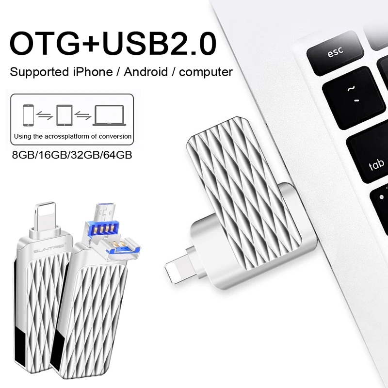 Suntrsi USB 2 0 Flash Drive 16 ГБ 32 OTG Металл флешки для iPhone/iPad/Android смартфон Высокое скорость 64
