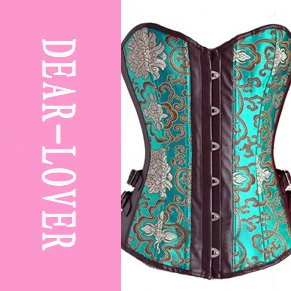 good quality &ampCoffee Faux Leather Trims Turquoise Brocade Corset LC5307 Bustier with G string Set Lingerie | Женская одежда