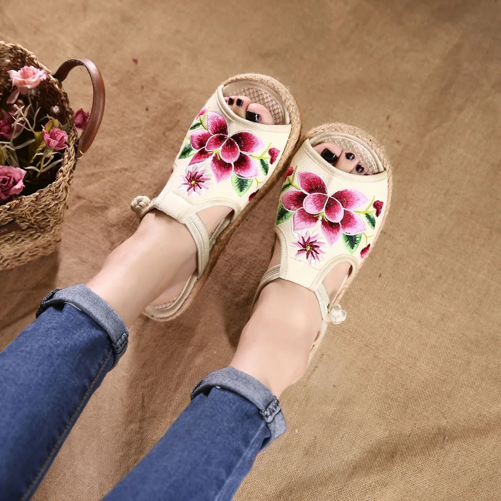 SAGACE/Новинка женские тапочки с вышивкой открытым носком в национальном стиле